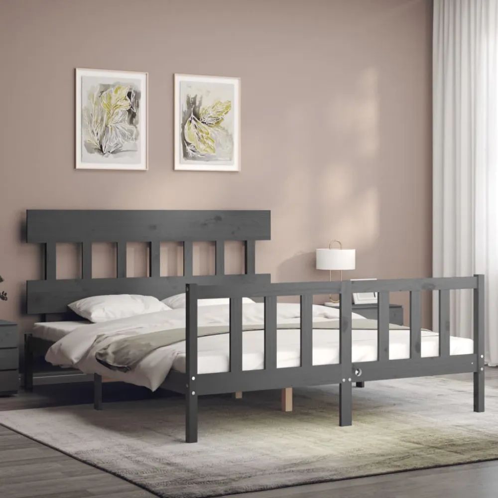 Bedframe met hoofdbord massief hout grijs