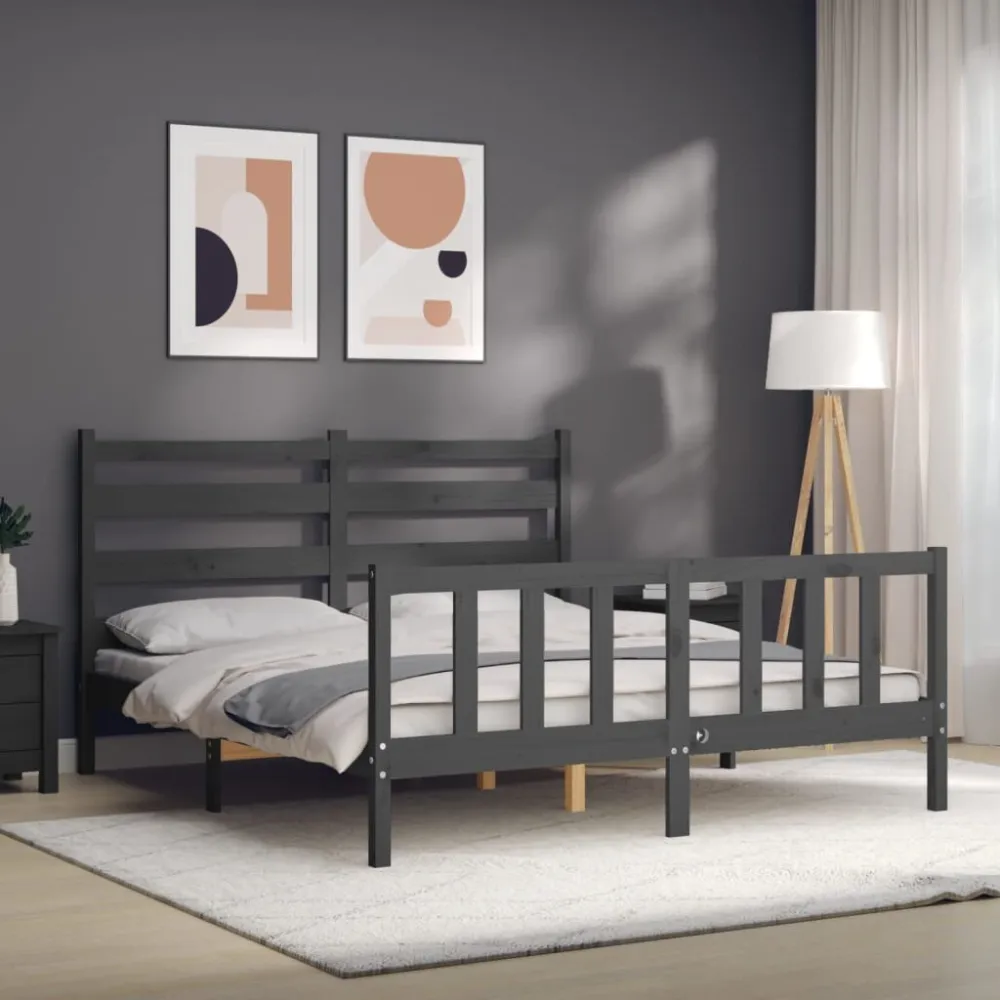 Bedframe met hoofdbord massief hout grijs