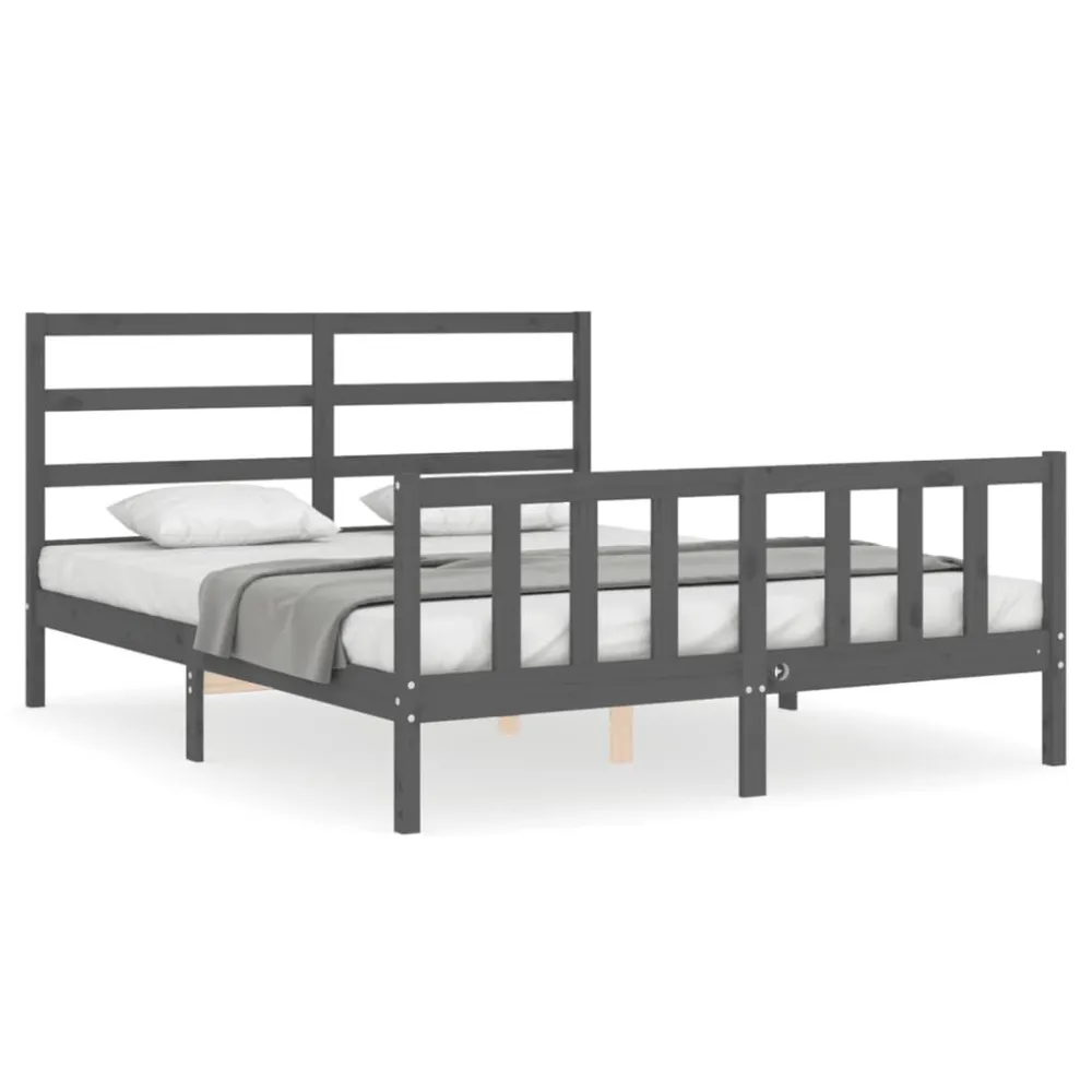 Bedframe met hoofdbord massief hout grijs