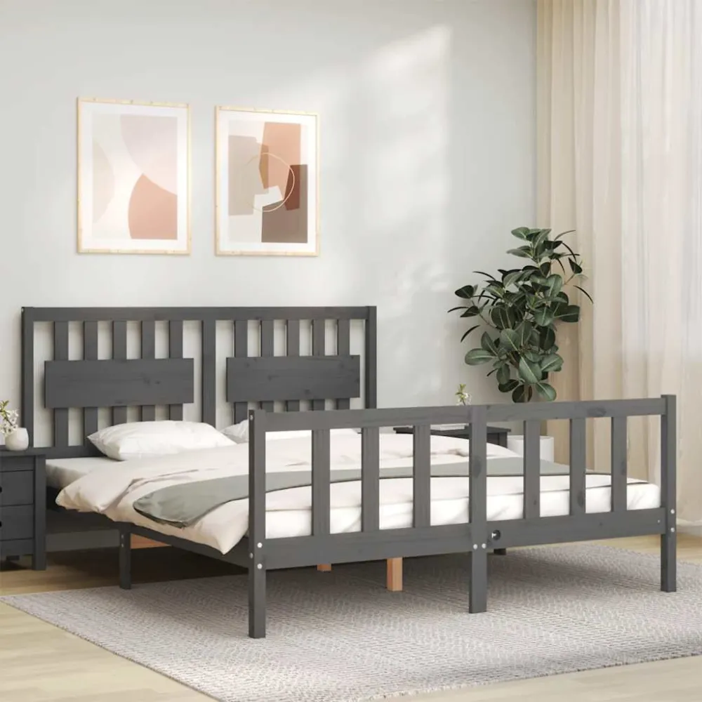 Bedframe met hoofdbord massief hout grijs