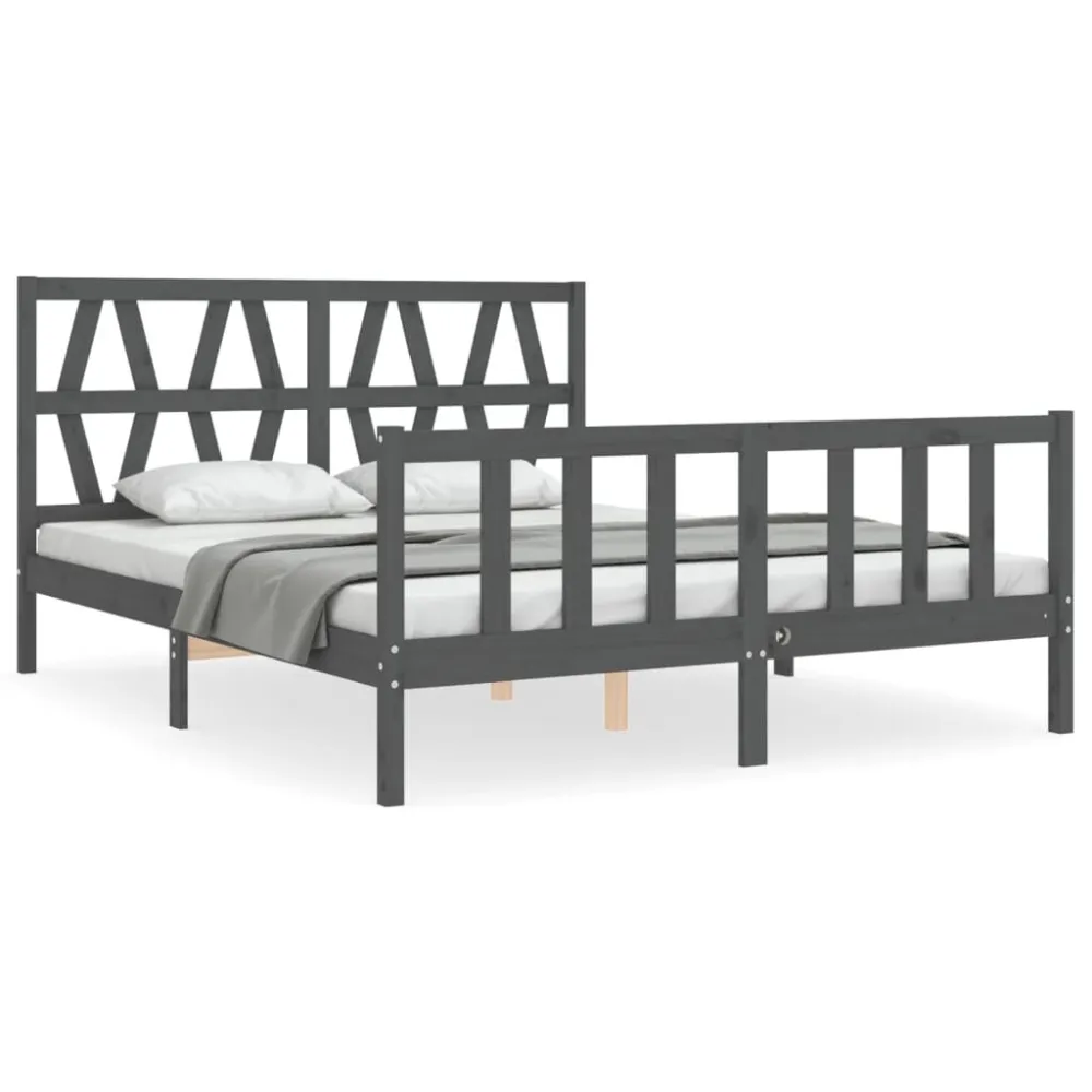 Bedframe met hoofdbord massief hout grijs