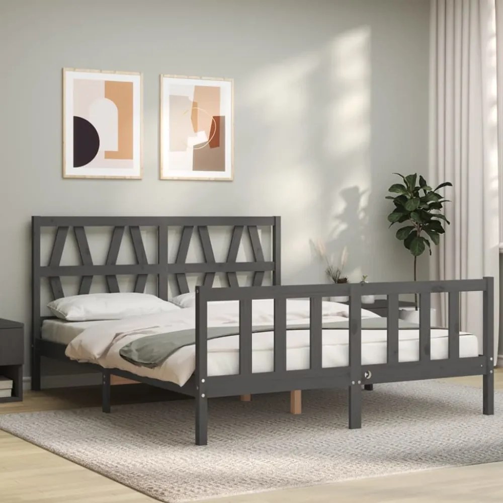 Bedframe met hoofdbord massief hout grijs