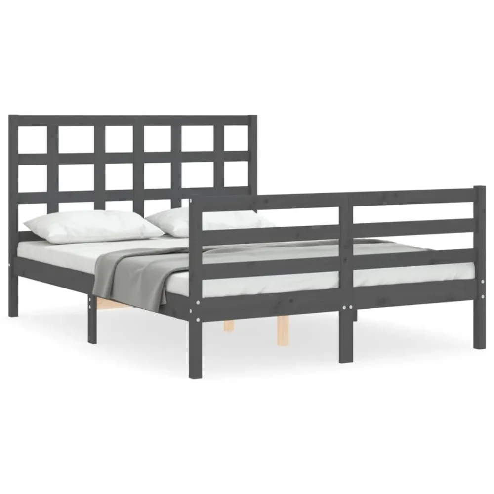 Bedframe met hoofdbord massief hout grijs 140x190 cm