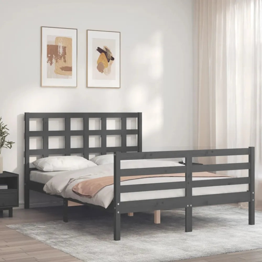 Bedframe met hoofdbord massief hout grijs 140x190 cm