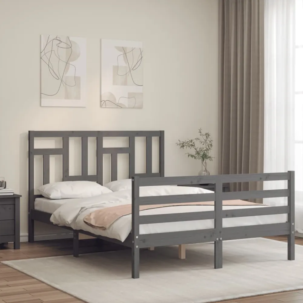 Bedframe met hoofdbord massief hout grijs 140x190 cm