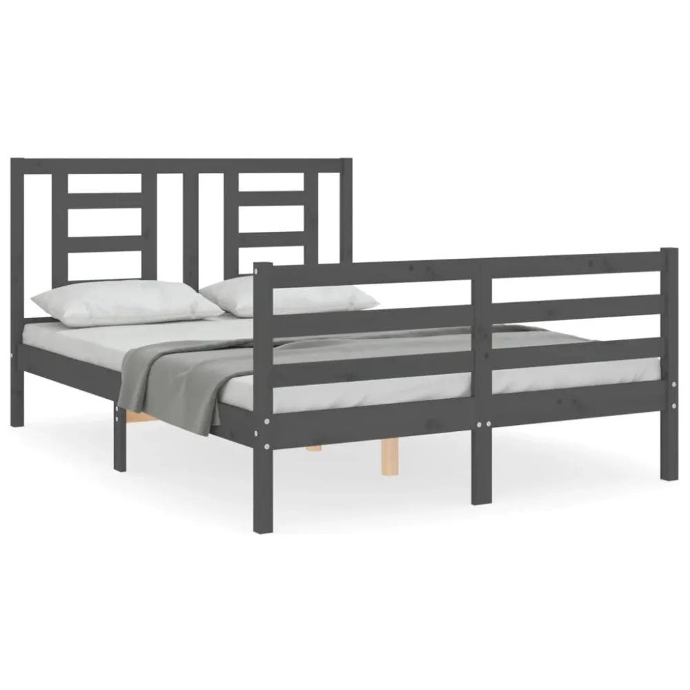 Bedframe met hoofdbord massief hout grijs 140x190 cm