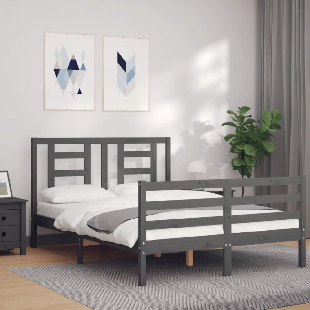 Bedframe met hoofdbord massief hout grijs 140x190 cm