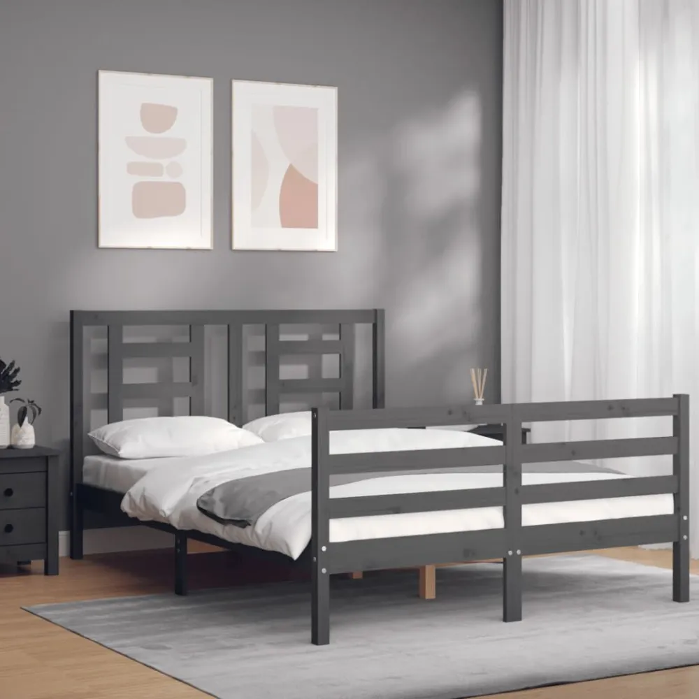 Bedframe met hoofdbord massief hout grijs 140x190 cm