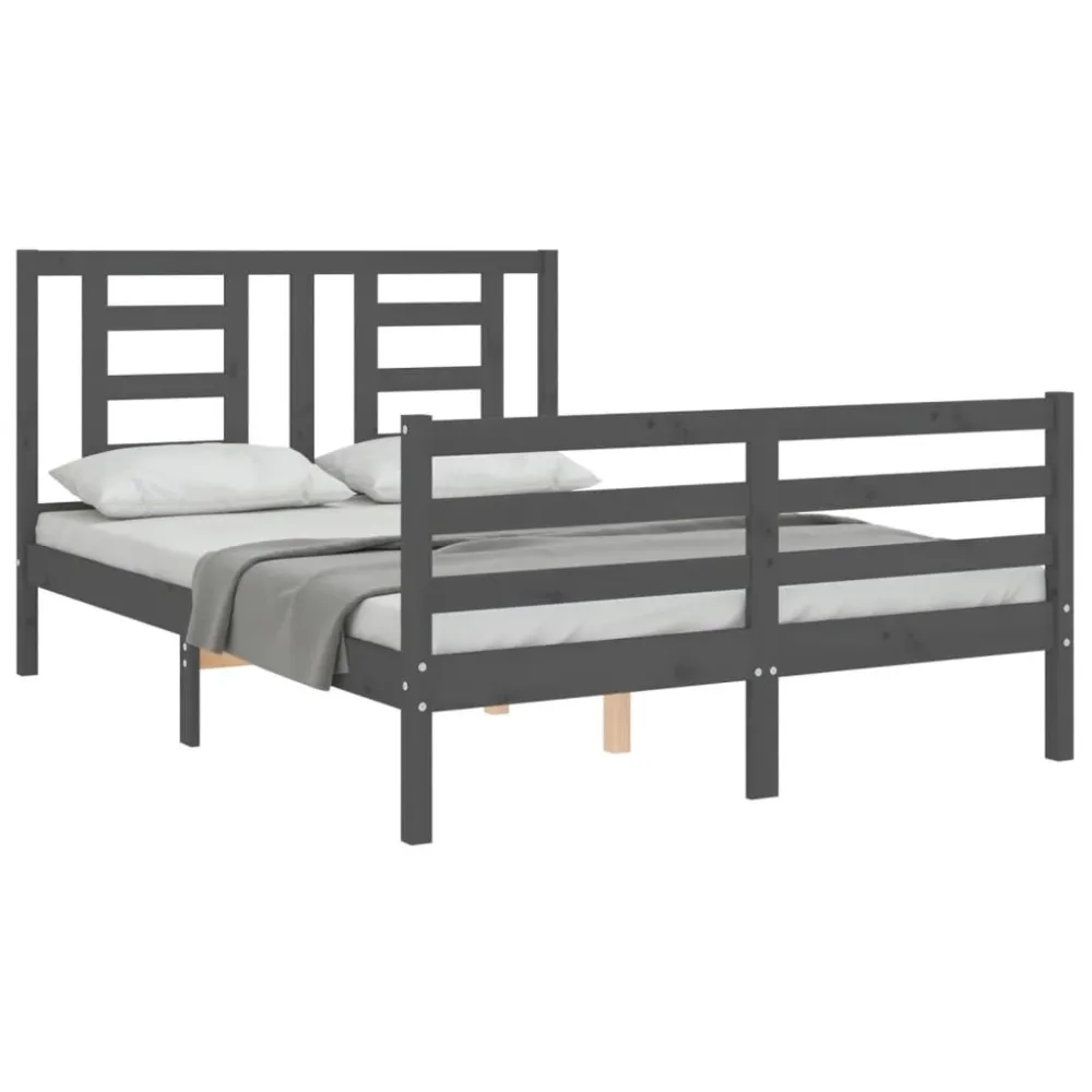 Bedframe met hoofdbord massief hout grijs 140x190 cm