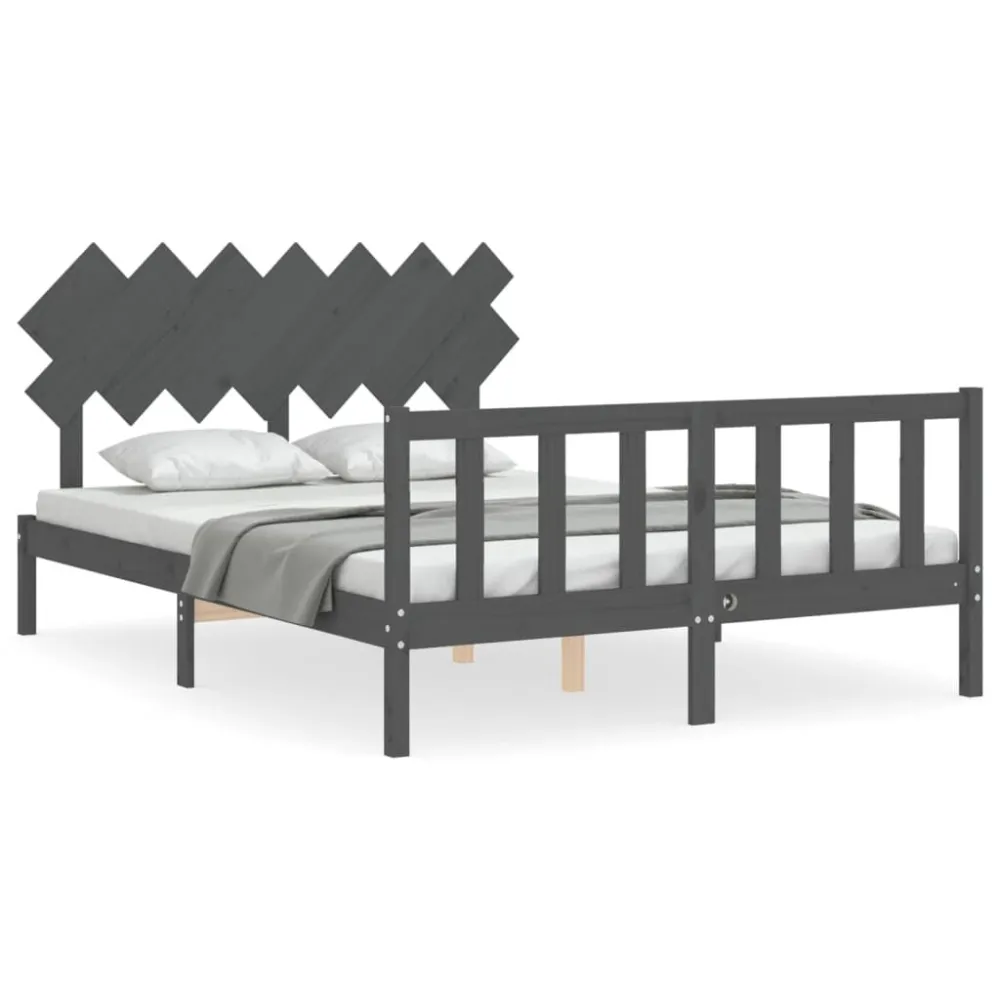 Bedframe met hoofdbord massief hout grijs