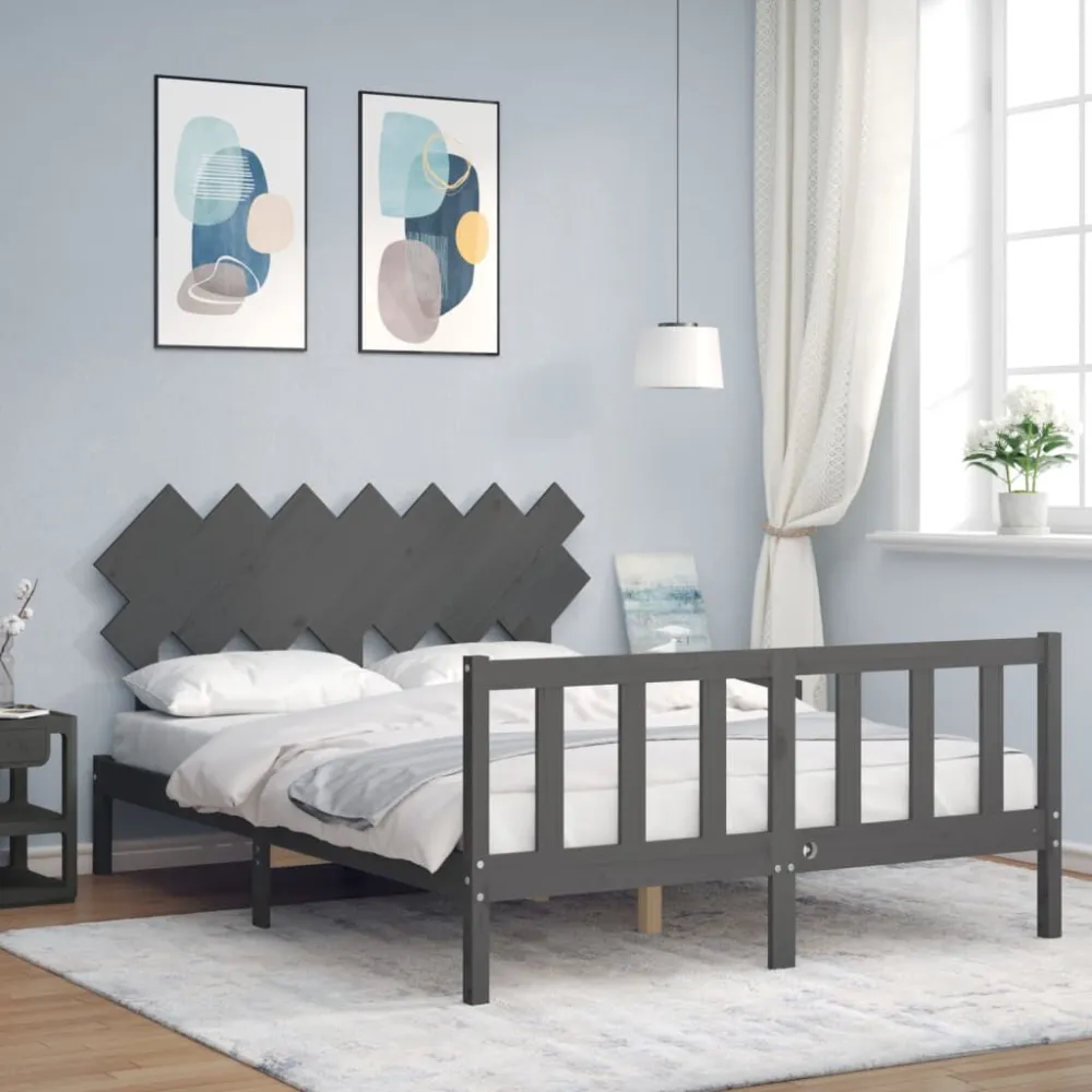 Bedframe met hoofdbord massief hout grijs