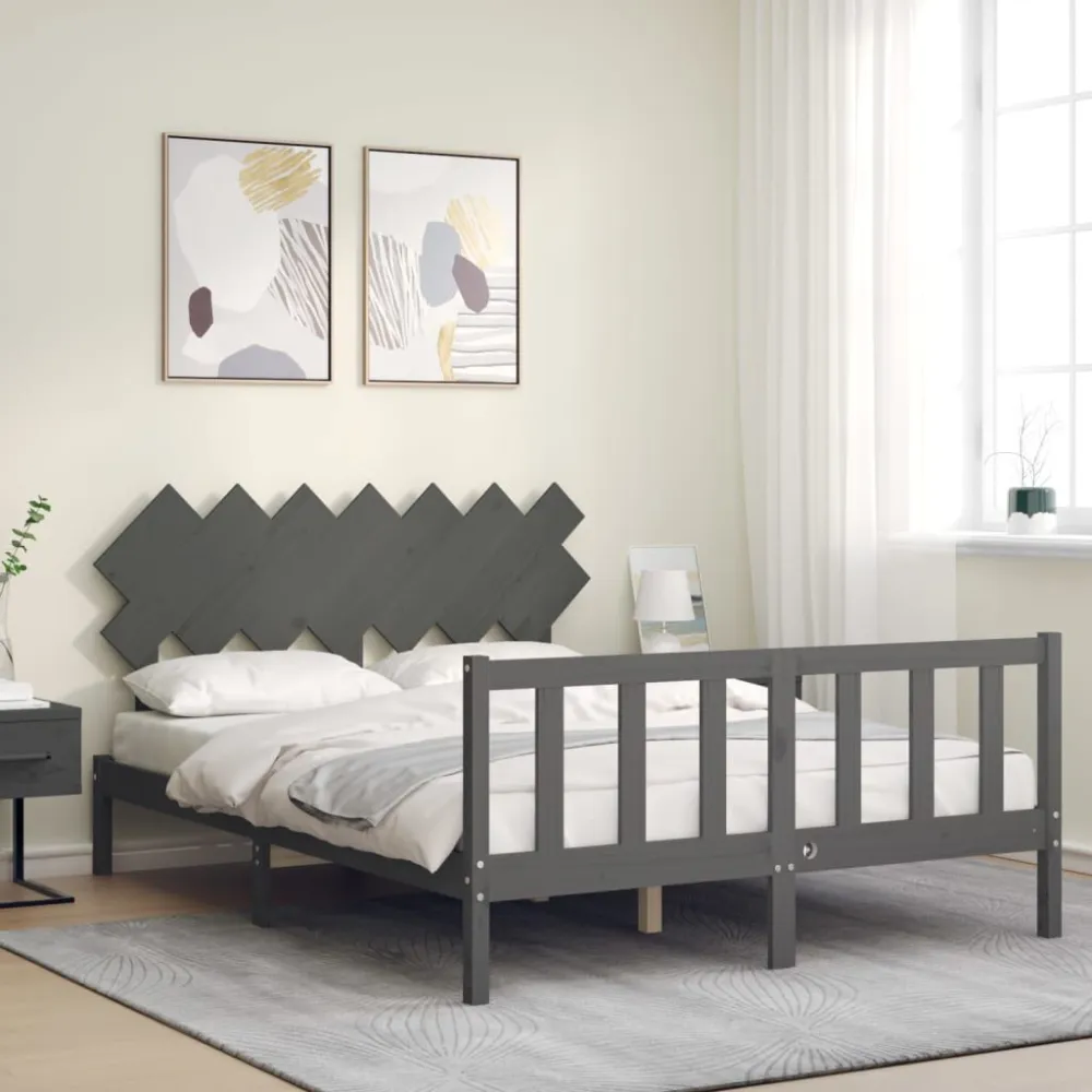 Bedframe met hoofdbord massief hout grijs