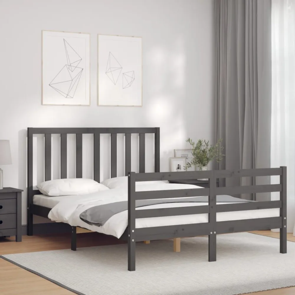 Bedframe met hoofdbord massief hout grijs