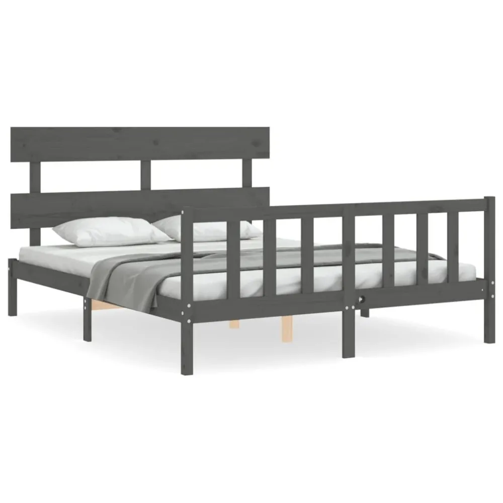 Bedframe met hoofdbord massief hout grijs