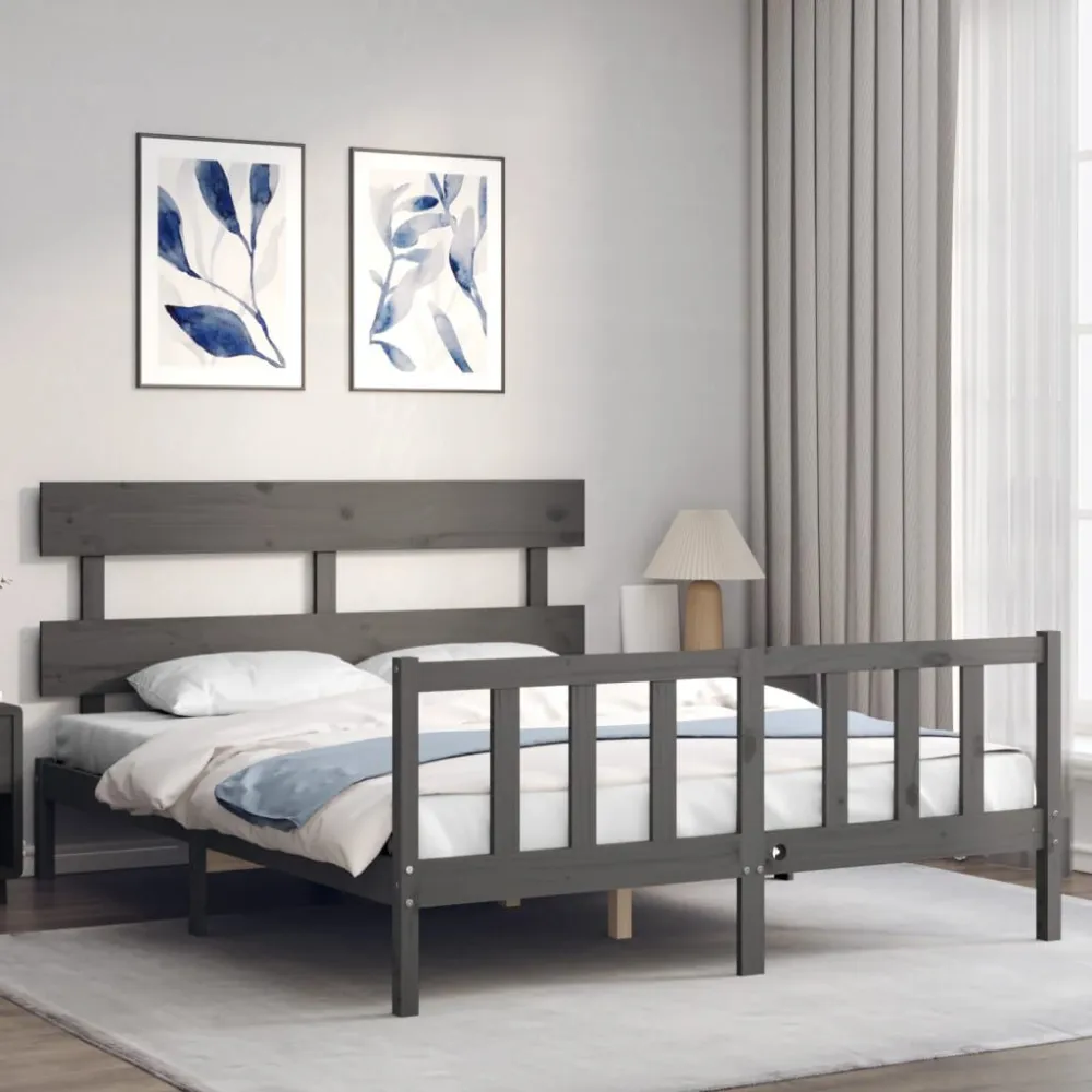 Bedframe met hoofdbord massief hout grijs