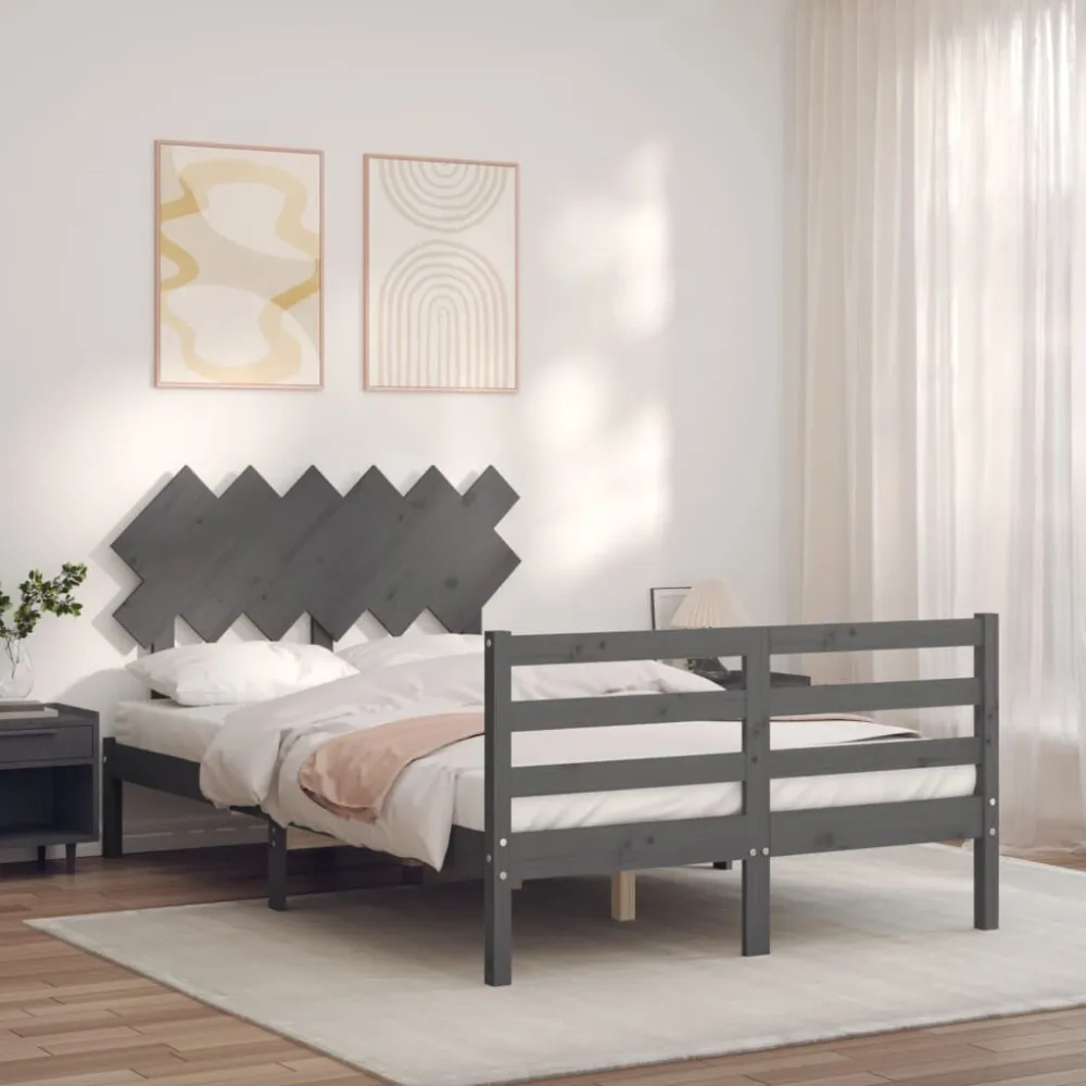 Bedframe met hoofdbord massief hout grijs