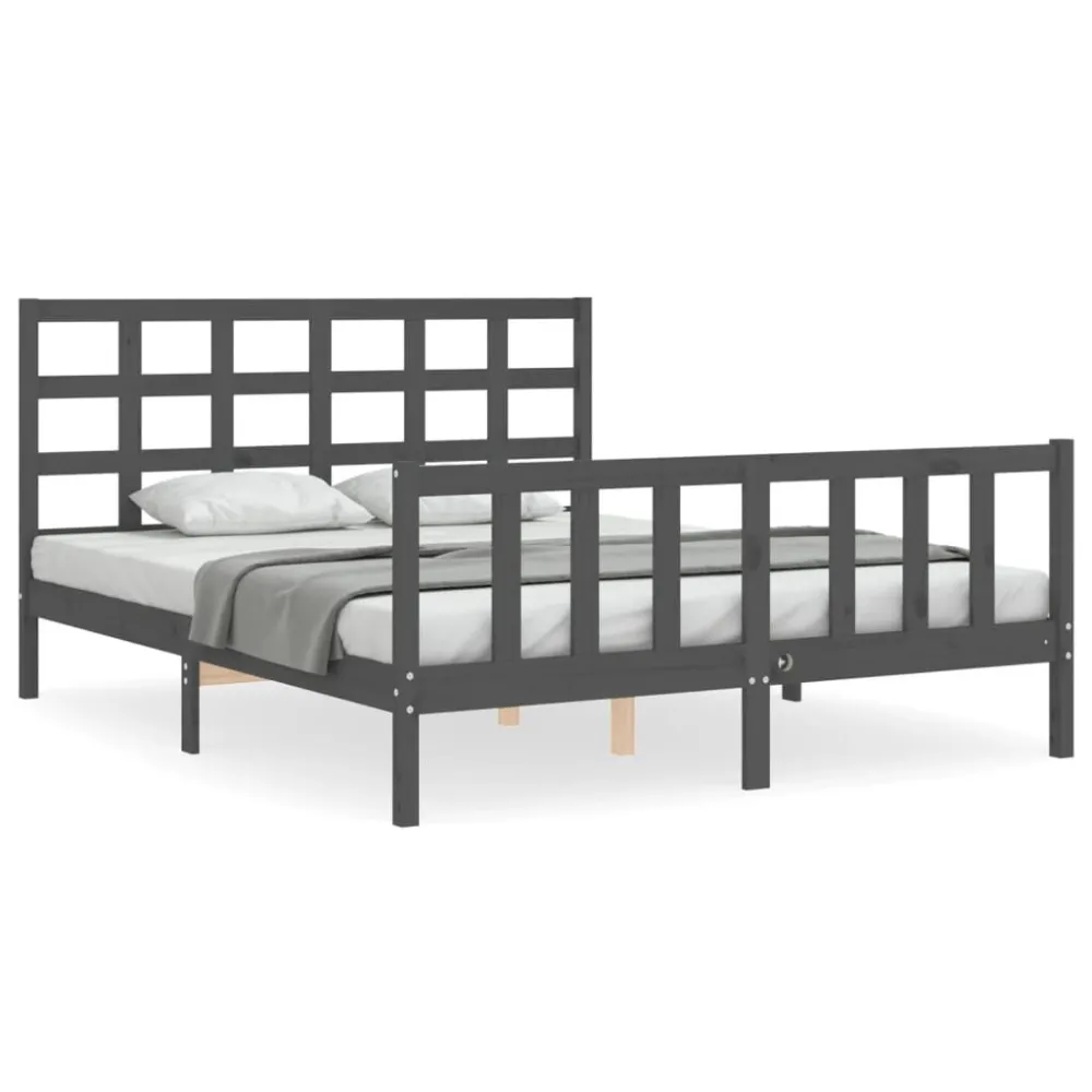 Bedframe met hoofdbord massief hout grijs