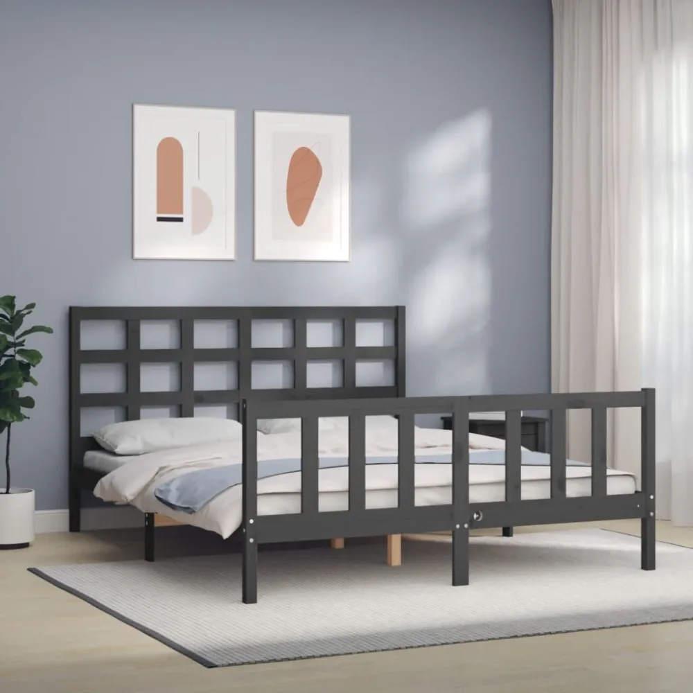 Bedframe met hoofdbord massief hout grijs