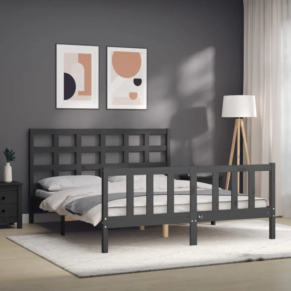 Bedframe met hoofdbord massief hout grijs