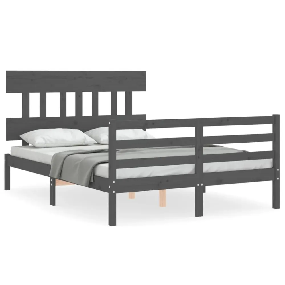 Bedframe met hoofdbord massief hout grijs