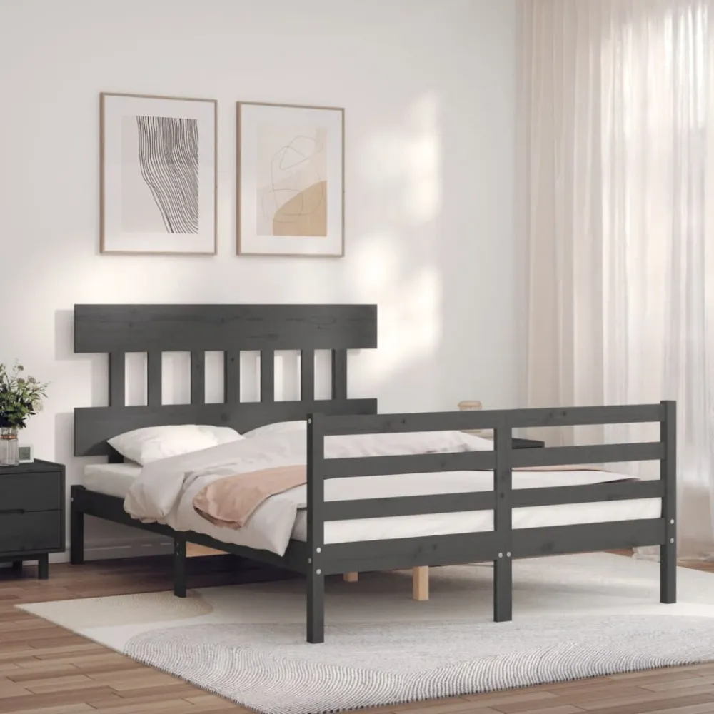 Bedframe met hoofdbord massief hout grijs