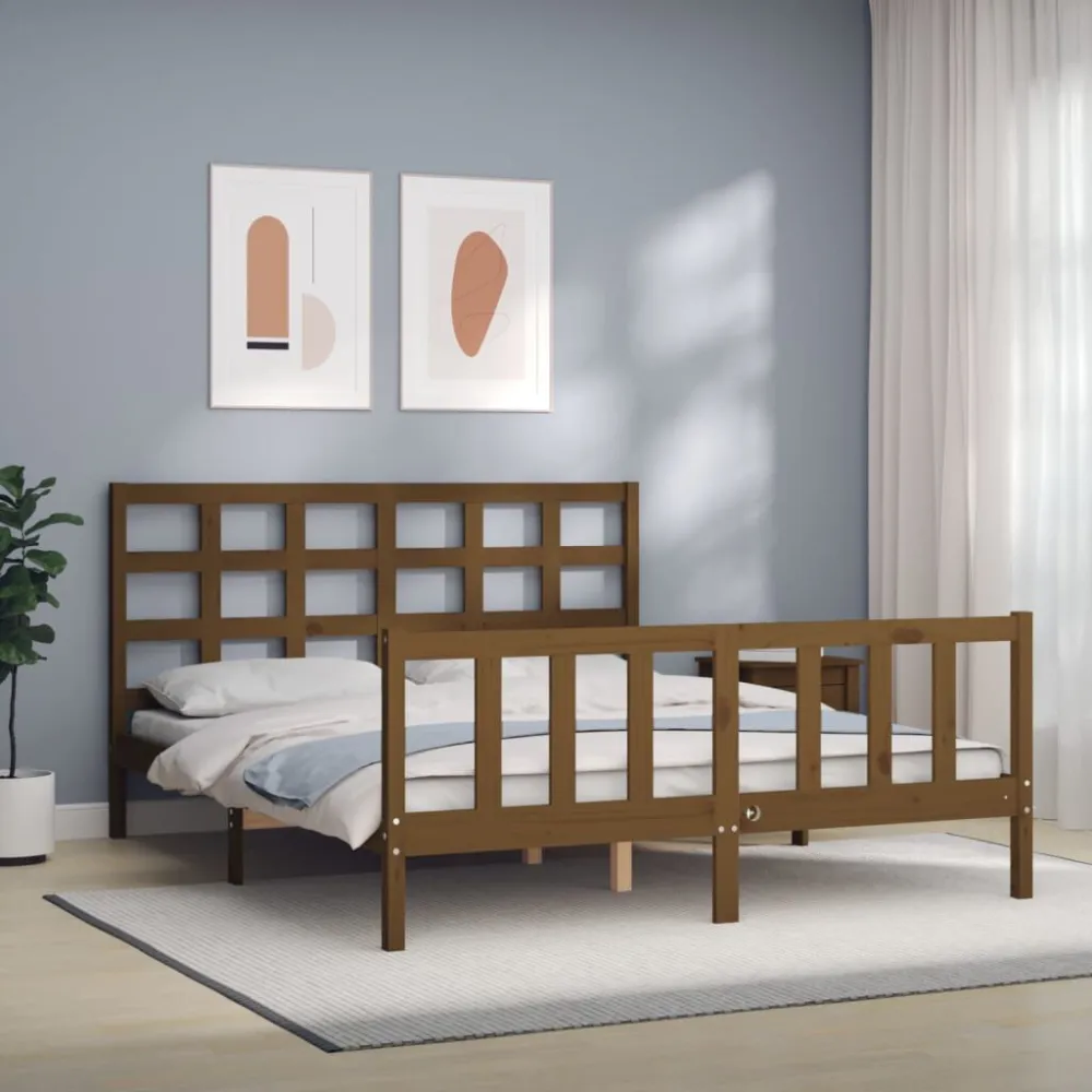 Bedframe met hoofdbord massief hout honingbruin