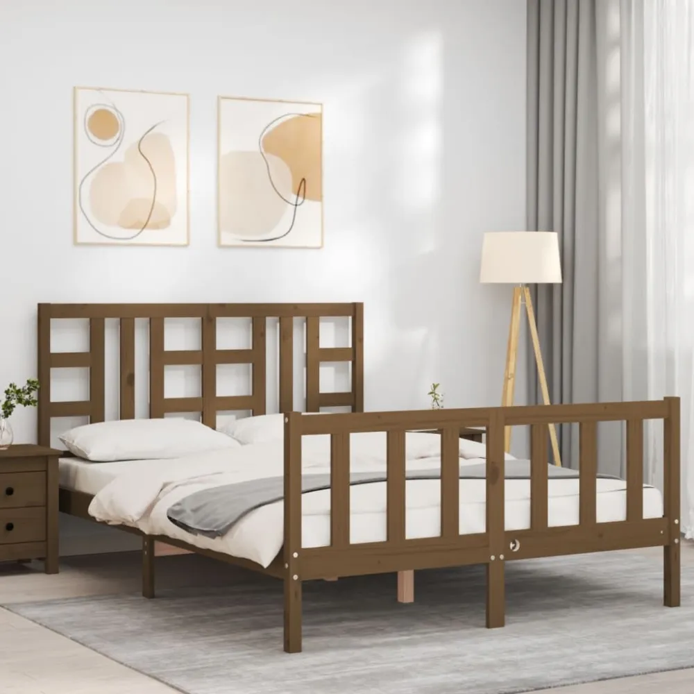 Bedframe met hoofdbord massief hout honingbruin