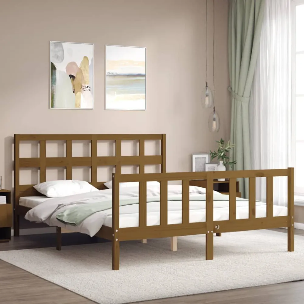 Bedframe met hoofdbord massief hout honingbruin