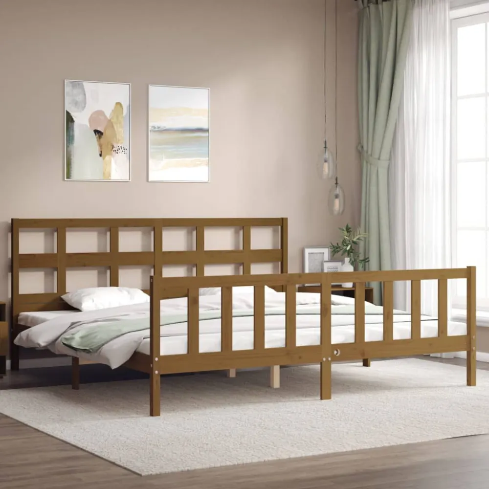 Bedframe met hoofdbord massief hout honingbruin 200x200 cm