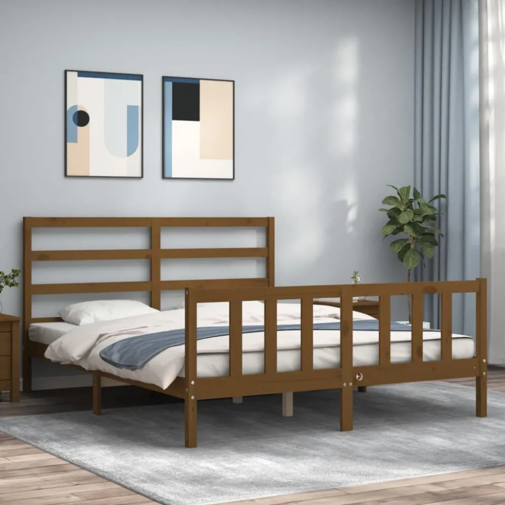 Bedframe met hoofdbord massief hout honingbruin