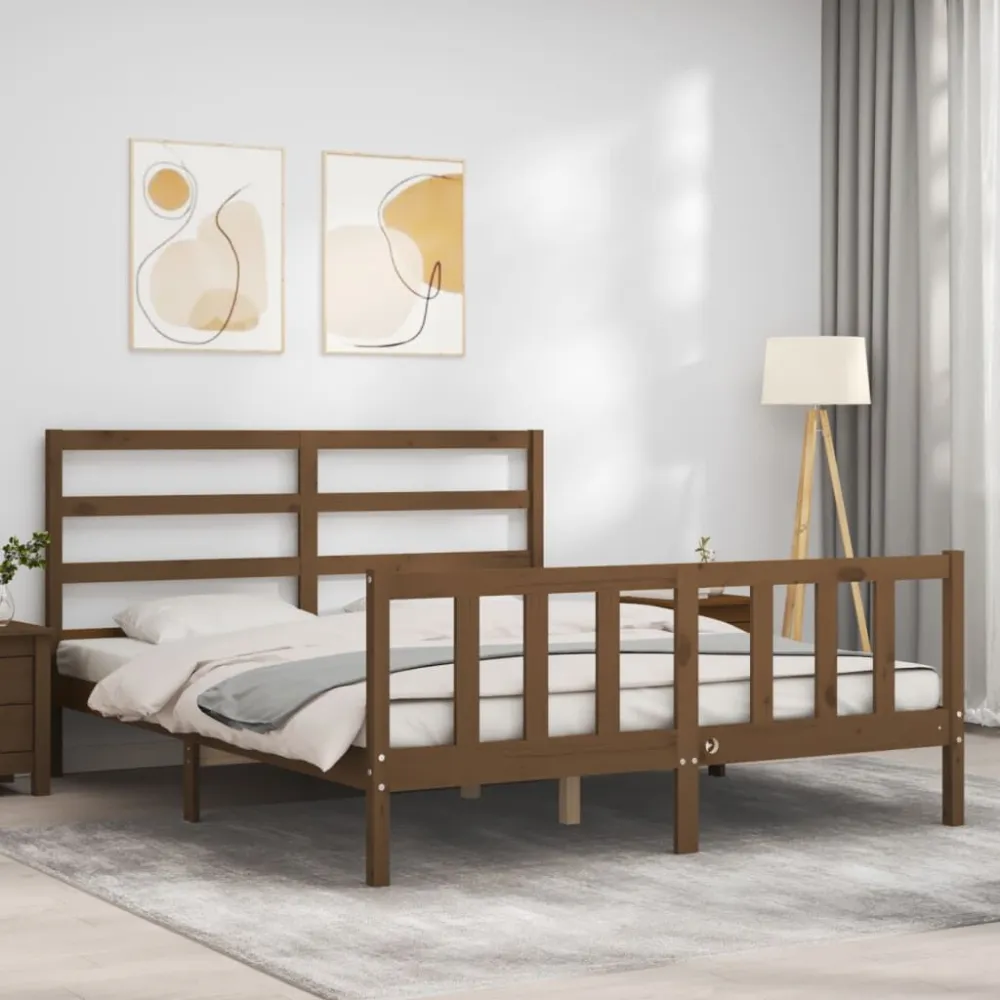 Bedframe met hoofdbord massief hout honingbruin