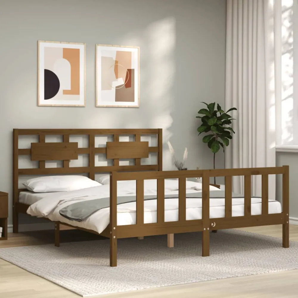 Bedframe met hoofdbord massief hout honingbruin