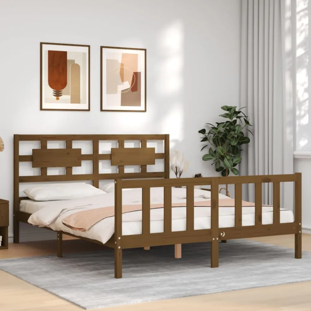 Bedframe met hoofdbord massief hout honingbruin