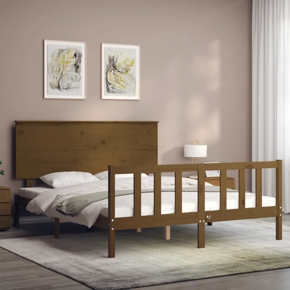 Bedframe met hoofdbord massief hout honingbruin