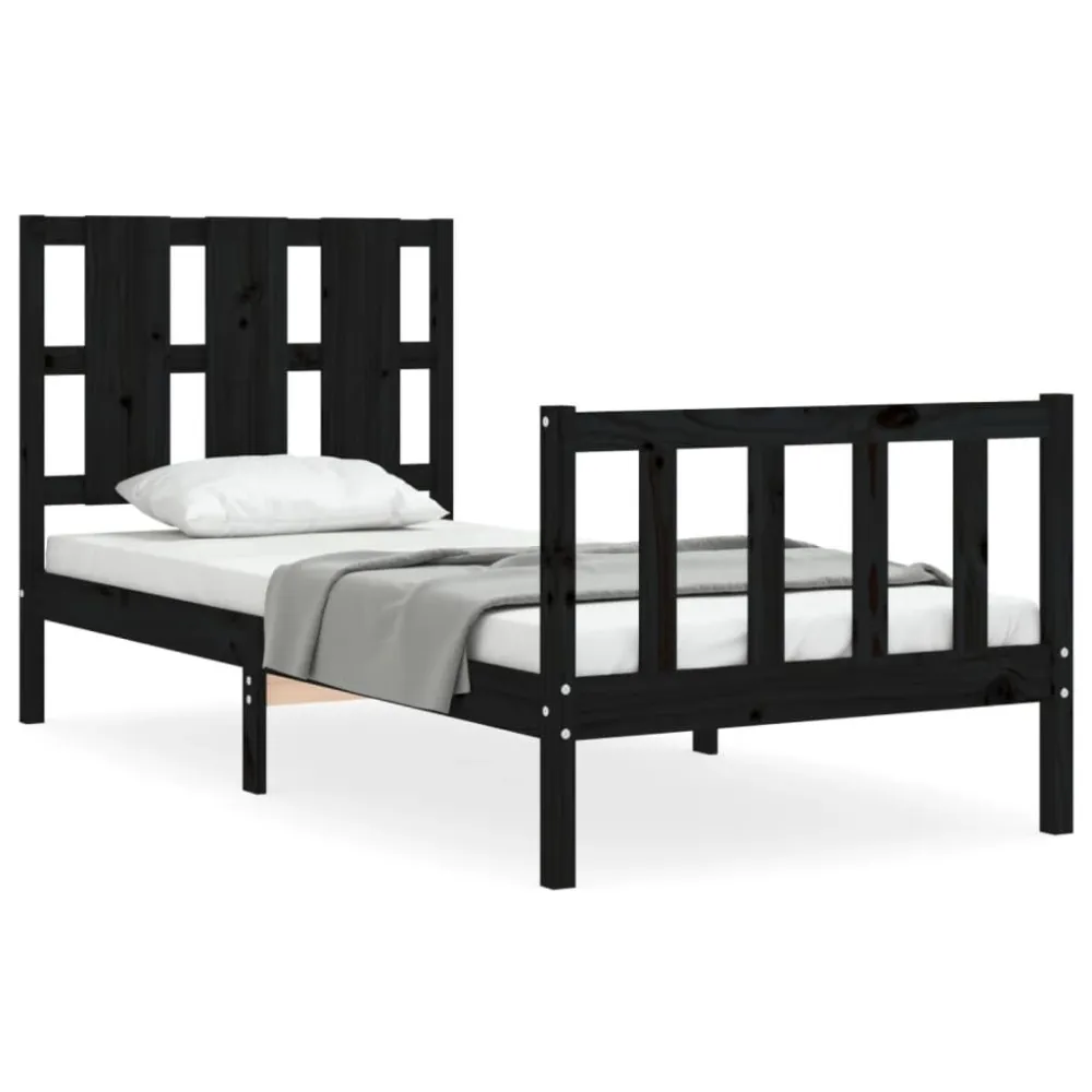 Bedframe met hoofdbord massief hout zwart 100x200 cm