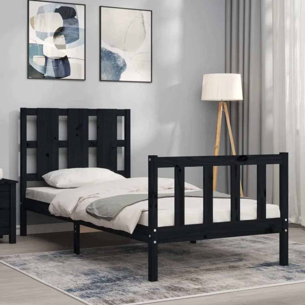 Bedframe met hoofdbord massief hout zwart 100x200 cm