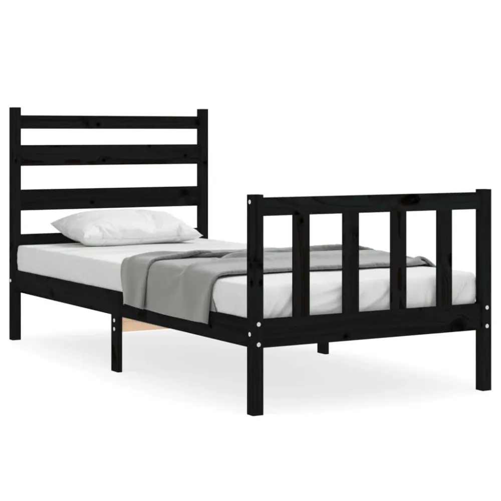 Bedframe met hoofdbord massief hout zwart 100x200 cm