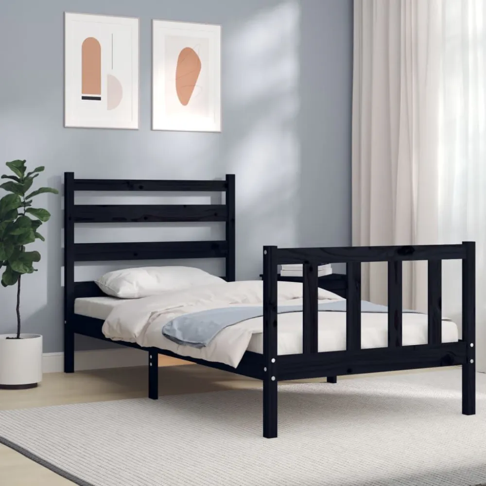 Bedframe met hoofdbord massief hout zwart 100x200 cm