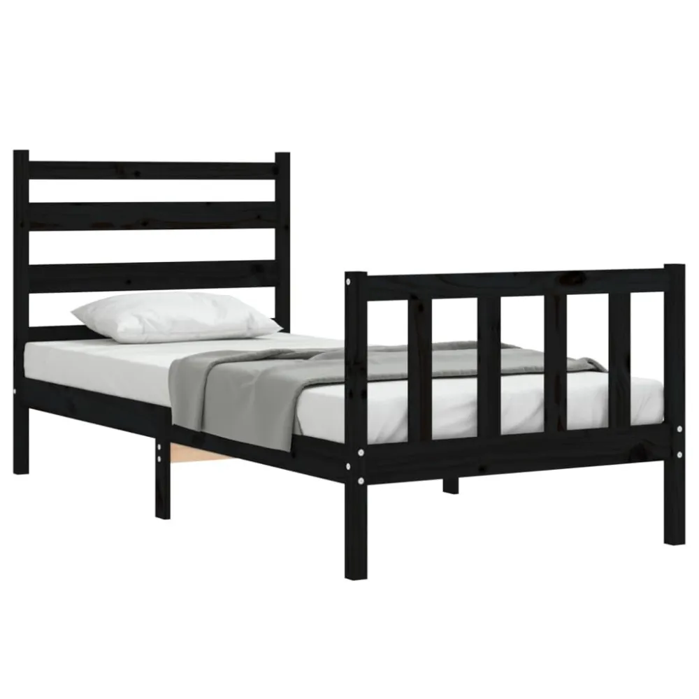 Bedframe met hoofdbord massief hout zwart 100x200 cm