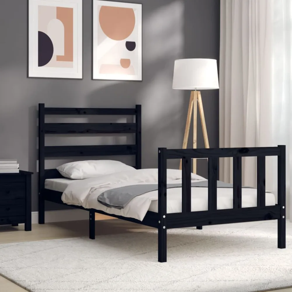 Bedframe met hoofdbord massief hout zwart 100x200 cm