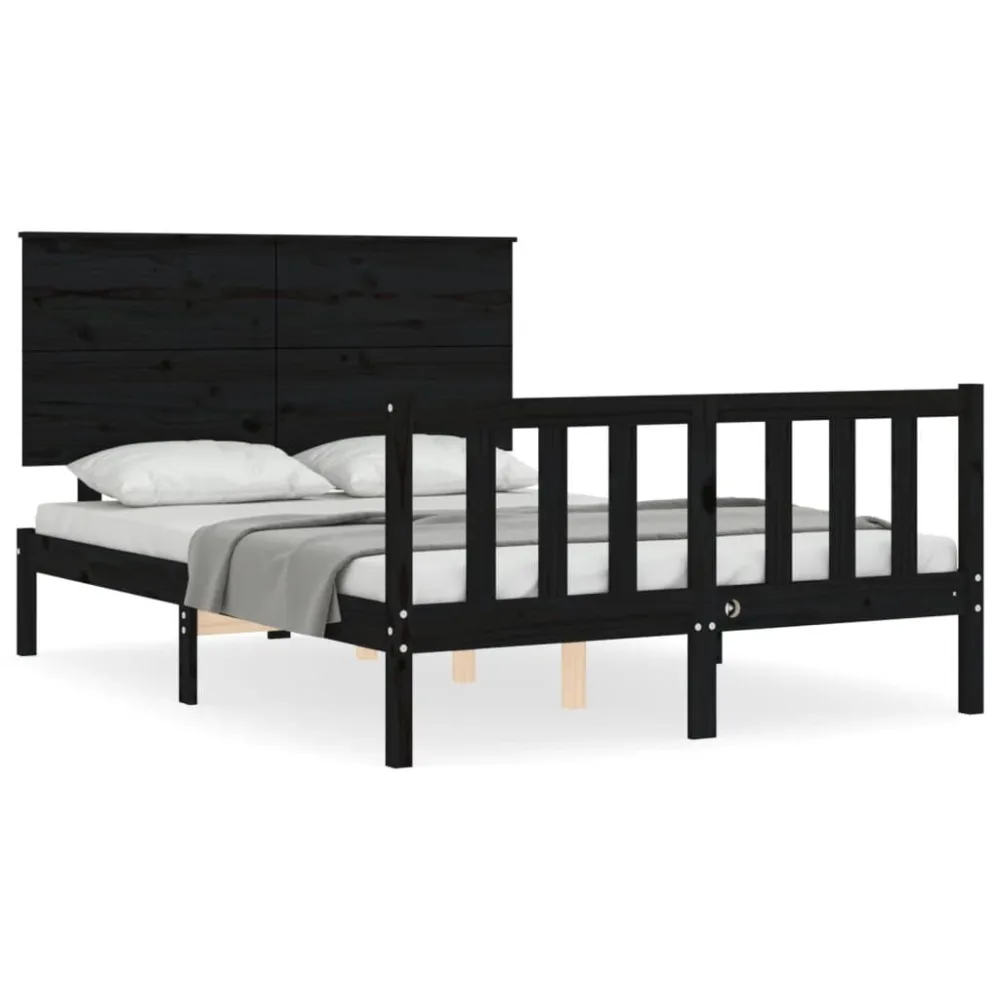 Bedframe met hoofdbord massief hout zwart 140x190 cm