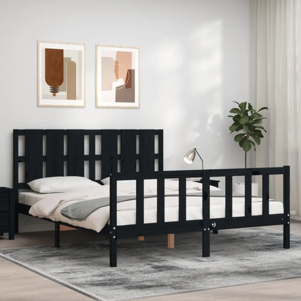 Bedframe met hoofdbord massief hout zwart