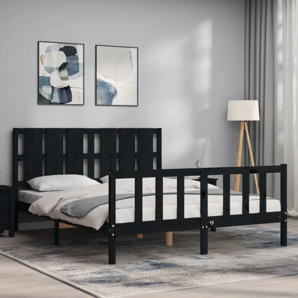 Bedframe met hoofdbord massief hout zwart