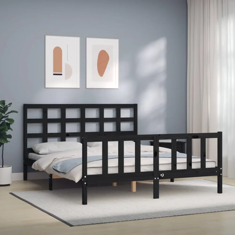 Bedframe met hoofdbord massief hout zwart