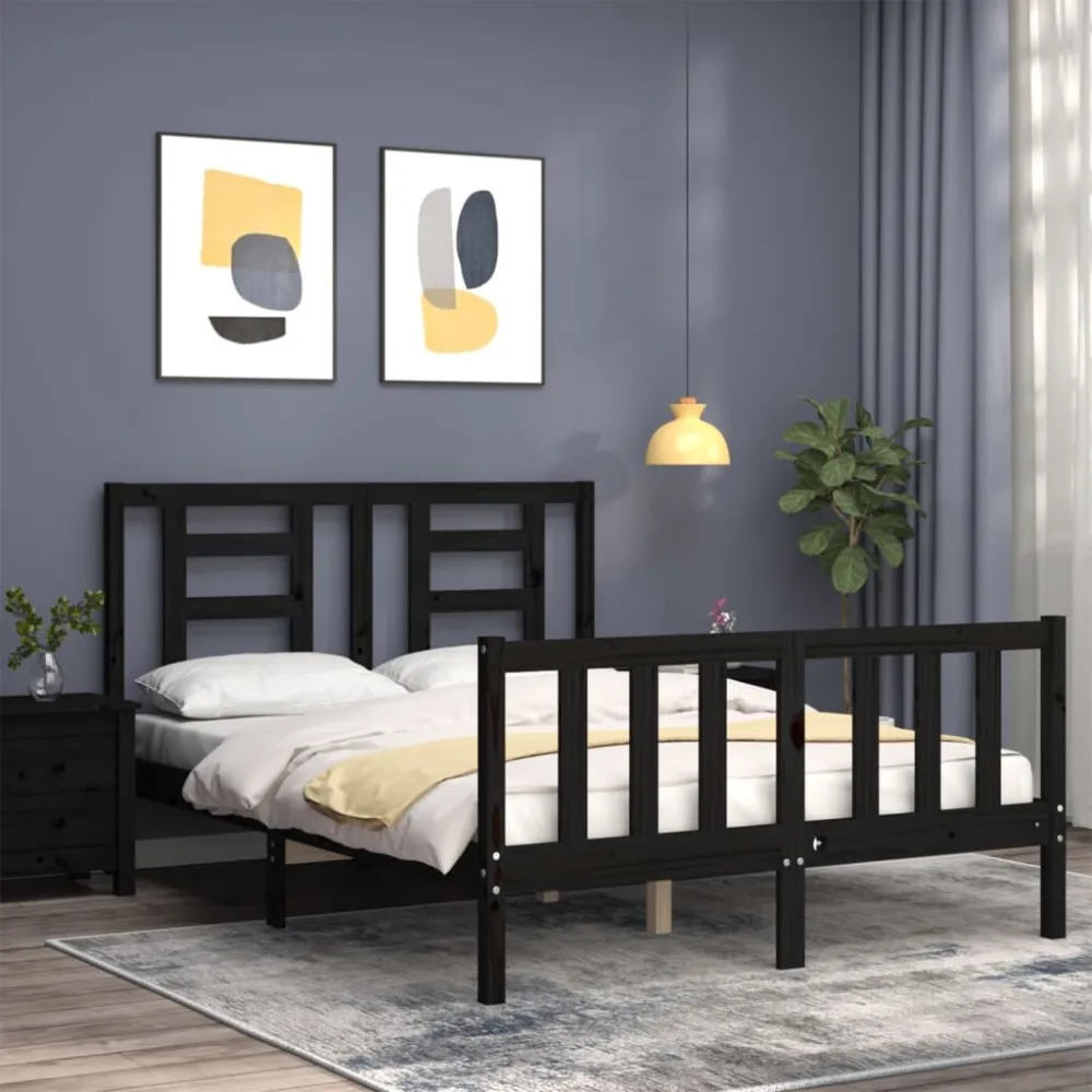 Bedframe met hoofdbord massief hout zwart