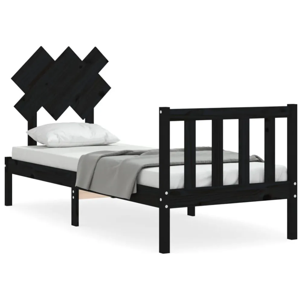 Bedframe met hoofdbord massief hout zwart