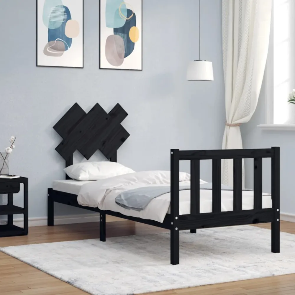 Bedframe met hoofdbord massief hout zwart
