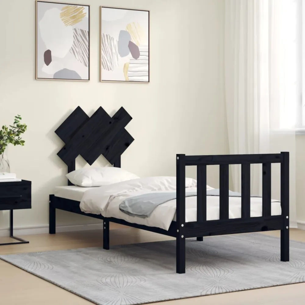 Bedframe met hoofdbord massief hout zwart