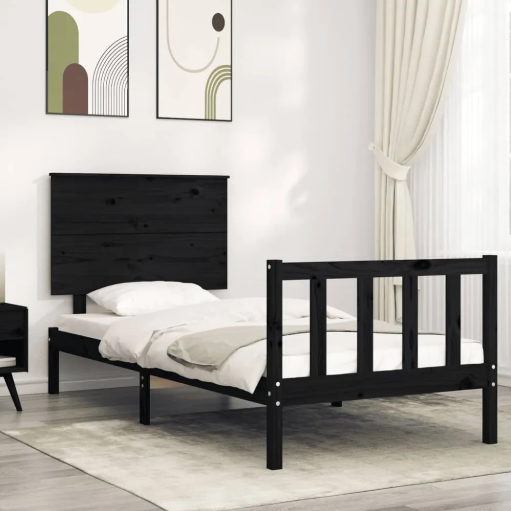 Bedframe met hoofdbord massief hout zwart