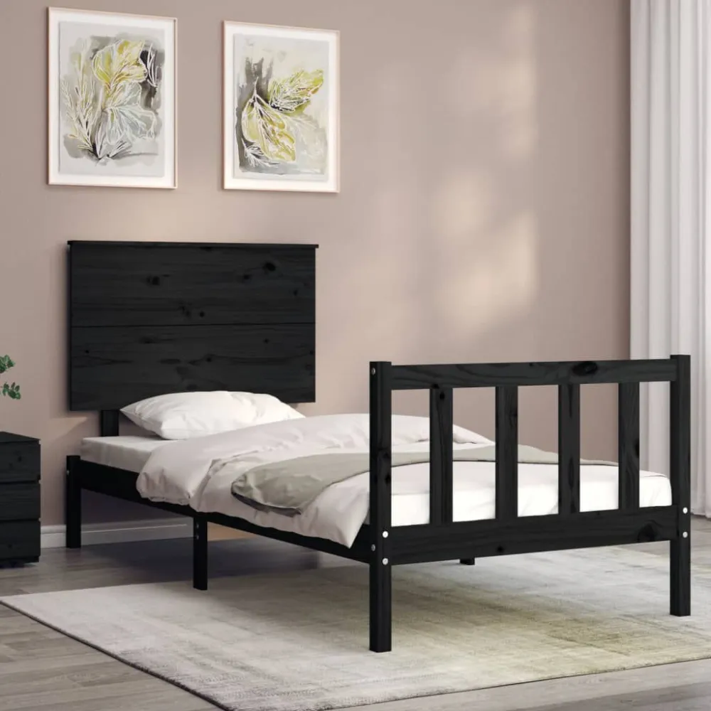 Bedframe met hoofdbord massief hout zwart